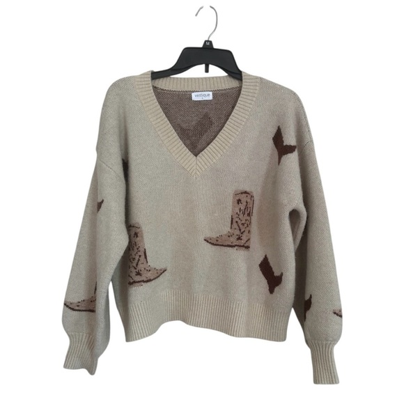 Vestique Cream and Brown V-Neck Sweater with Cartoon Bear Design - Picture 3 of 7